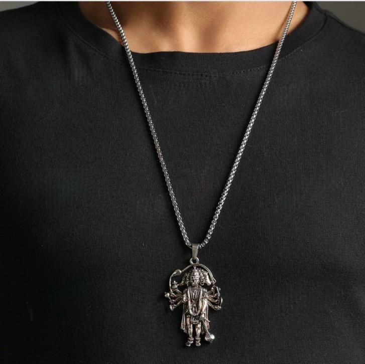 π 5 Mukhi Standing Hanumanji Pendant with Chain for Men β Silver Plated | Alloy | Religious & Casual Wear