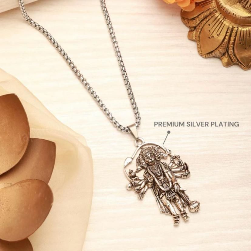 π 5 Mukhi Standing Hanumanji Pendant with Chain for Men β Silver Plated | Alloy | Religious & Casual Wear