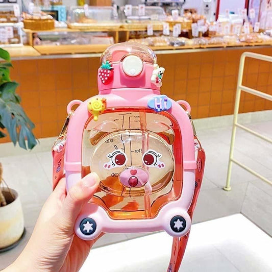 Cute Sipper Water Bottle with Straw and Strap – Cartoon Design | Leakproof & Portable